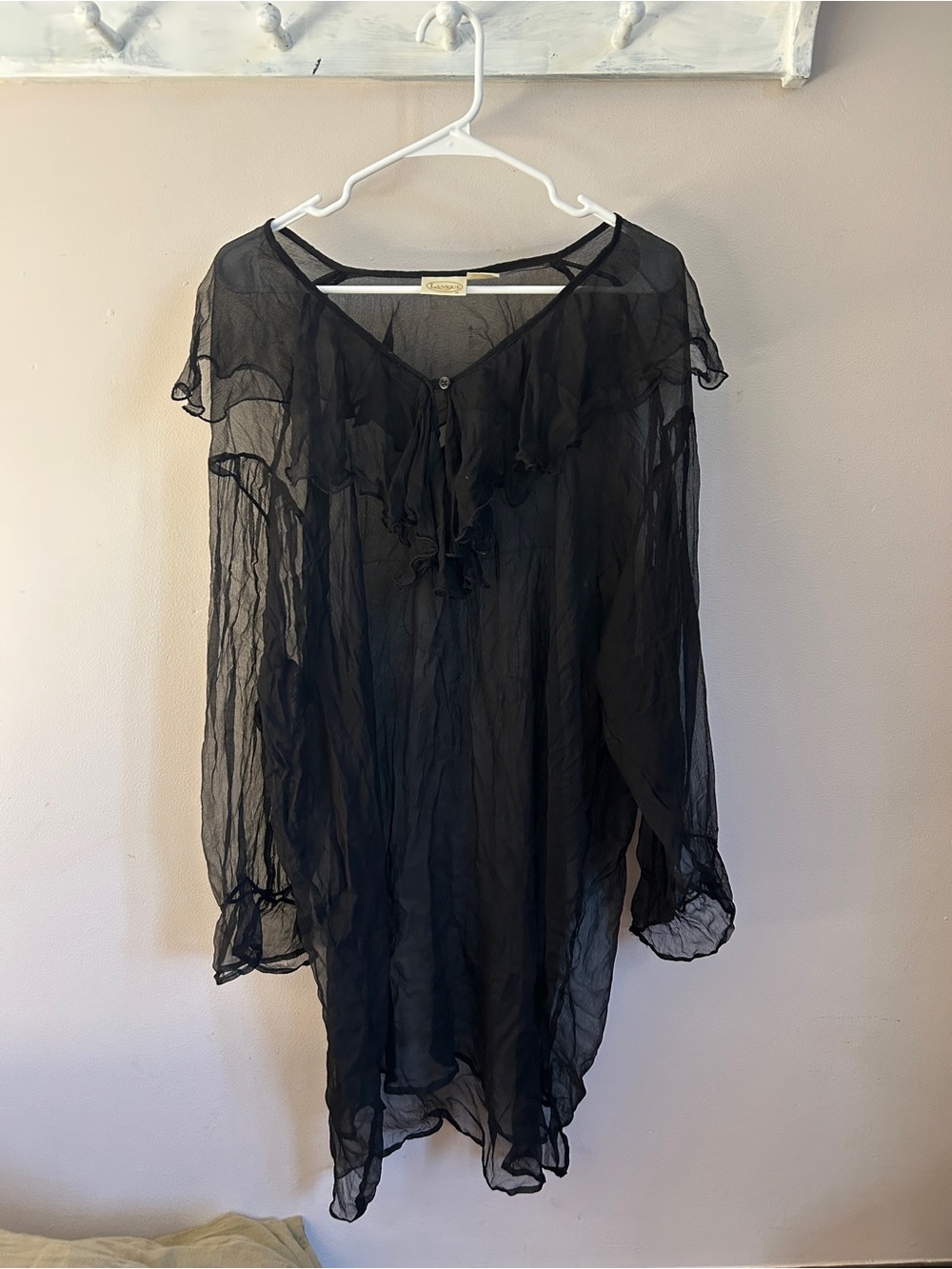 Sheer Silk Black Ruffle-Trim Women's Blouse/Tunic